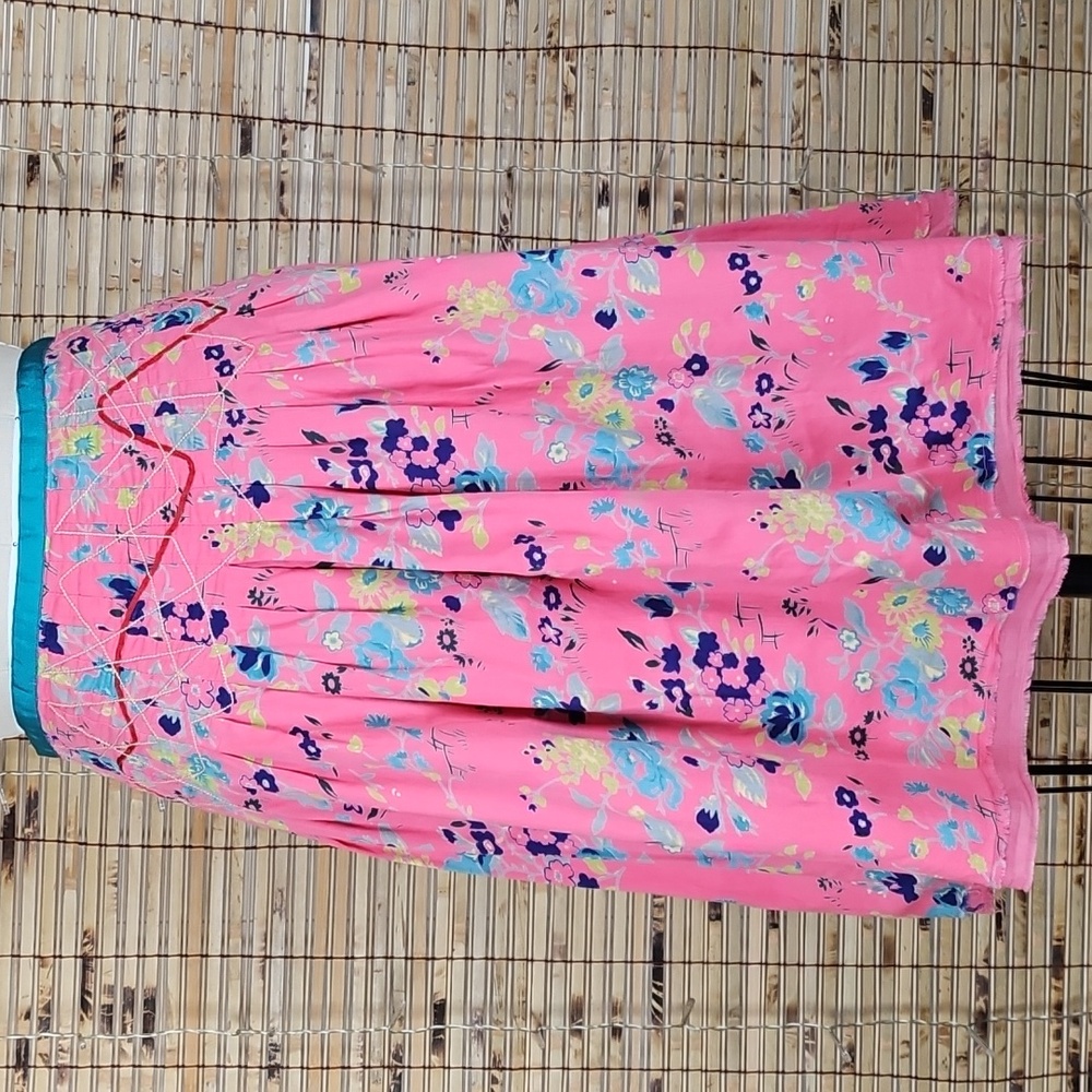 Lux Coral A-Line Skirt with Navy Floral Design